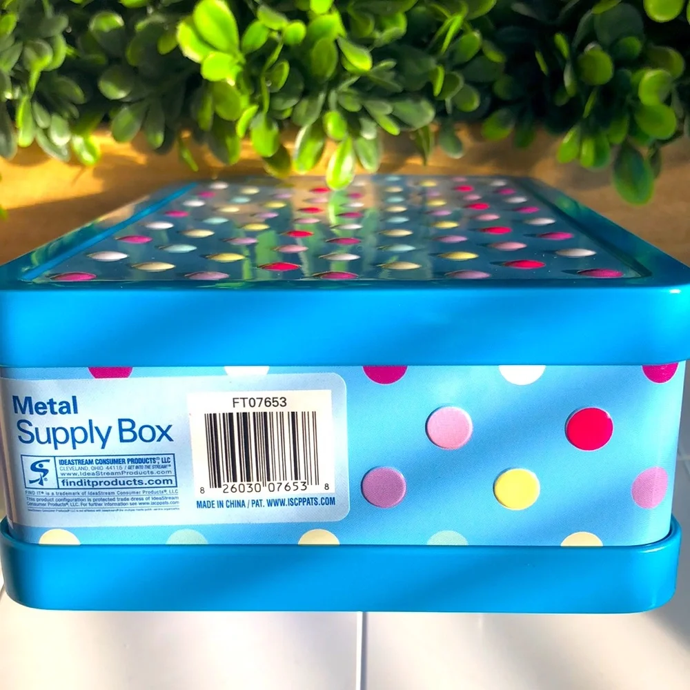 find it Metal Supply Box Blue with Polka Dots Brand New
